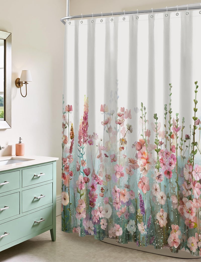 SUMGAR Colorful Flowers Shower Curtain for Bathroom Pink Floral Romantic Wildflower Plants Nature Scenery Decoration Curtain Set with Hooks, 72 x 72 inch - Image 4